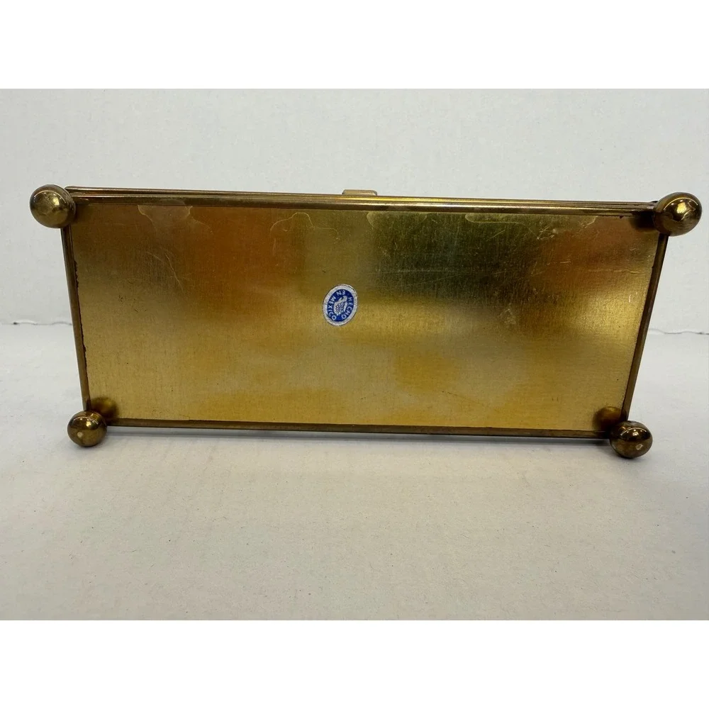 Jewelry Box Etched Glass Brass Mirror Small Gold Vintage 3-Section